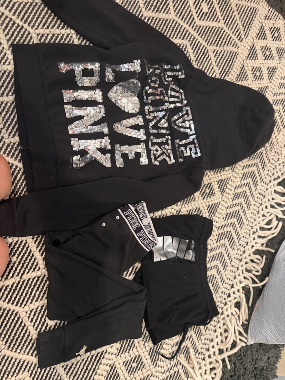 PINK Victoria's Secret Black Sequin Logo Hoodie & Lounge Set